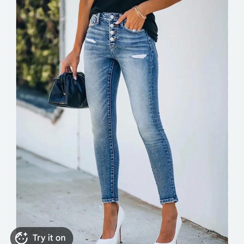 High-Rise Skinny Jeans with Button-Fly in Light Blue